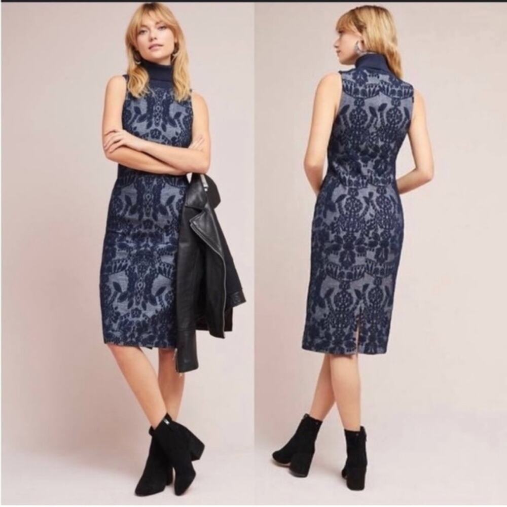 Anthropologie Navy Jacquard Fitted Sweater Dress Vintage Dark Academia Sz 0